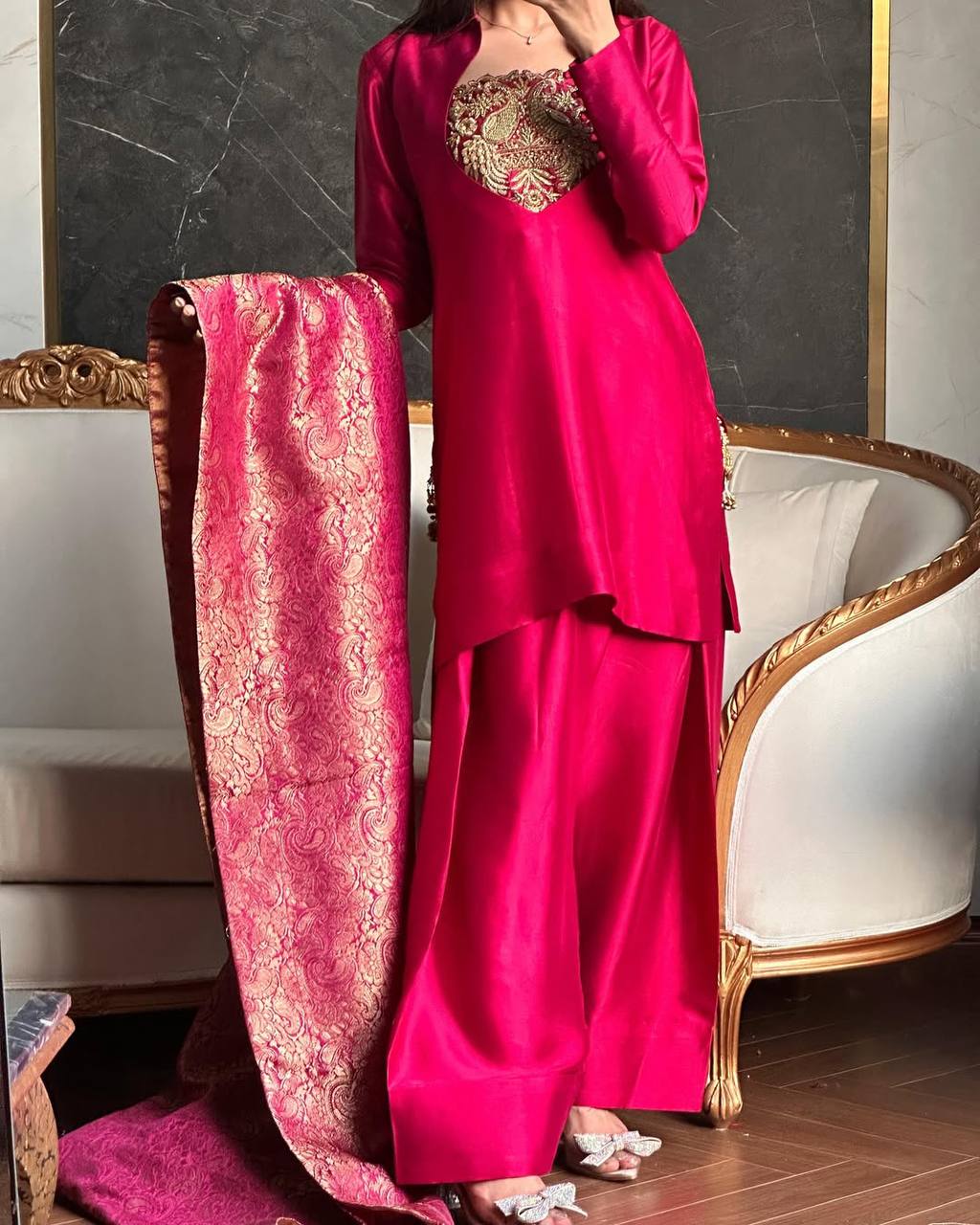 Regal Pink Peacock-Embellished Gala Suit